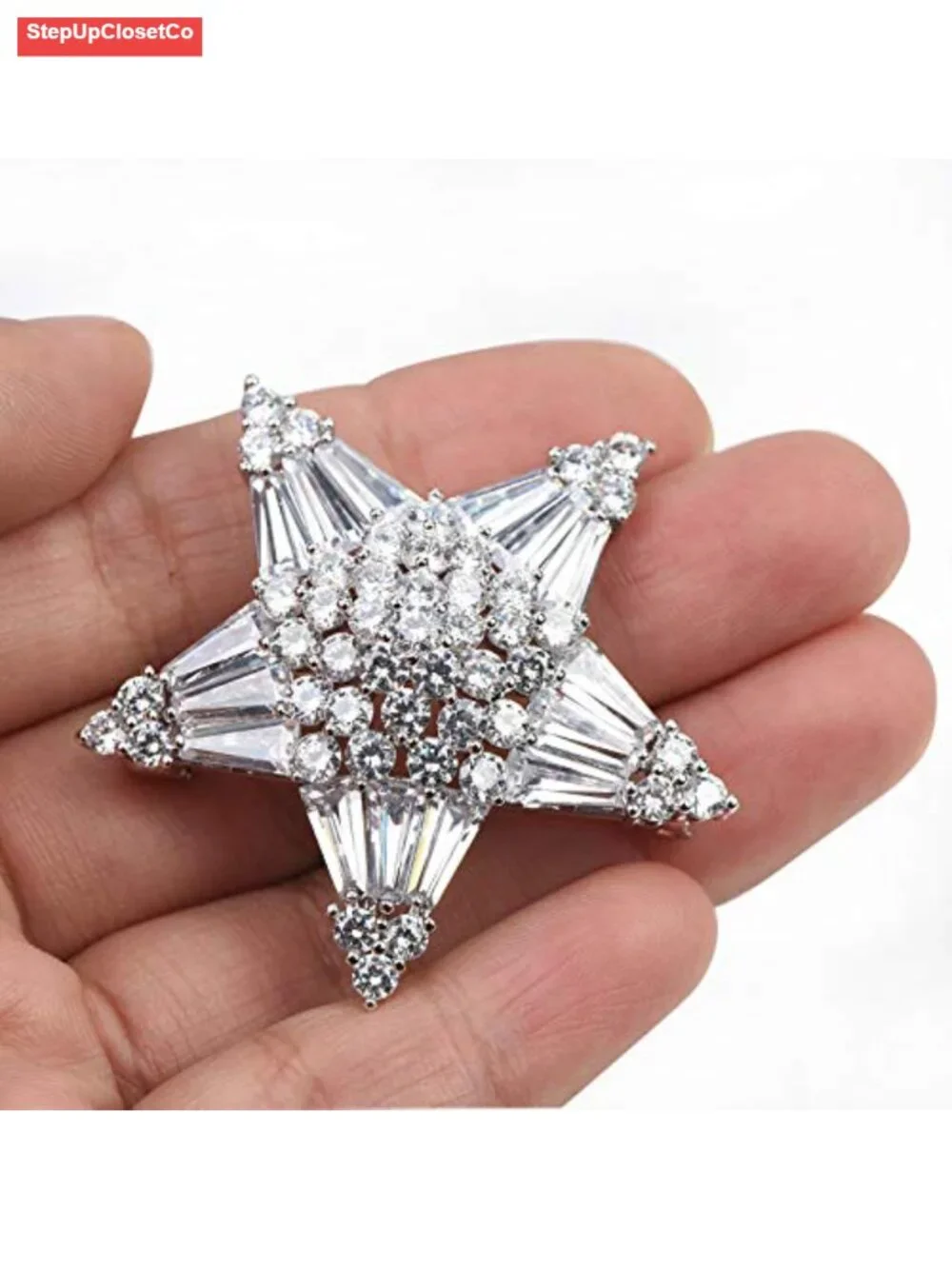 Crystal Star Brooch Pin White Gold Plated Brass Cubic Zirconia Safety Lock Gift